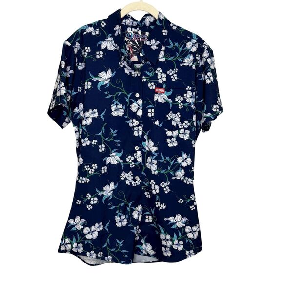 Dixxon Shirt Womens Large Navy Aloha Series Hawaiian Floral Button Up Stretch - Picture 1 of 8